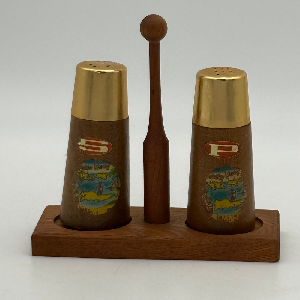 Vintage MCM Virgin Islands Wood Salt and Pepper Shakers Set with Tray Gold Caps